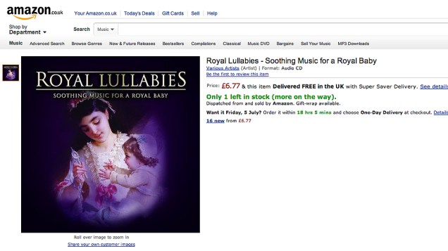 CD com canções de ninar Royal Lullabies - Soothing Music for a Royal Baby 6,77 libras, na Amazon