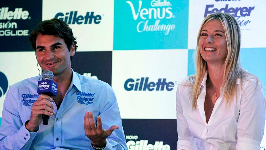 Roger Federer e Maria Sharapova durante entrevista coletiva no Continental Tower, em São Paulo