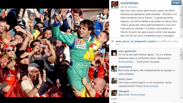 Felipe Massa confirma em rede social que não será piloto da Ferrari em 2014