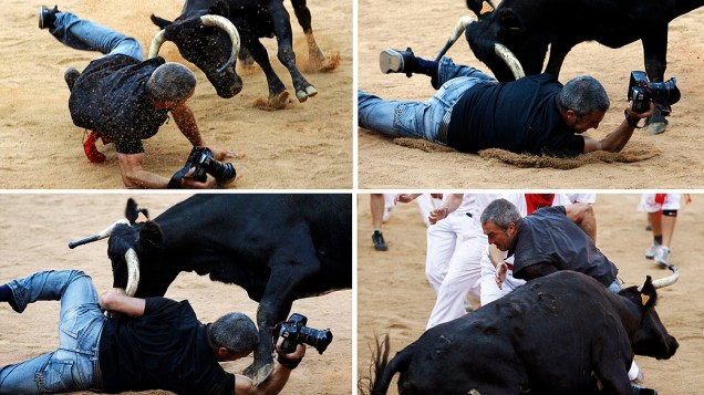 Sequência de fotos mostra fotógrafo sendo derrubado por touro durante as festividades de San Fermin, na praça de touros em Pamplona