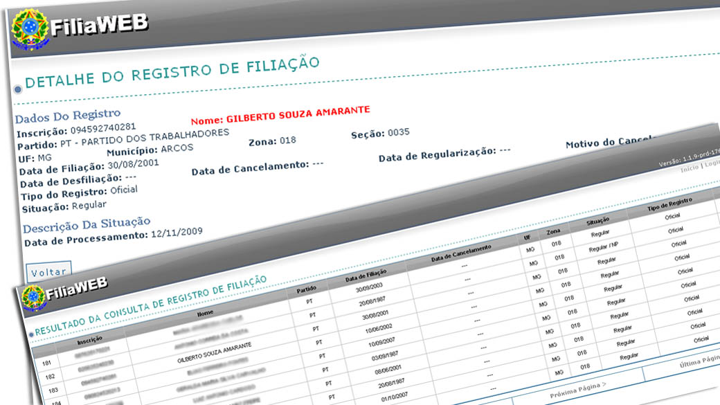 Registro de filiação ao PT do servidor que acessou dados de EJ em em MG
