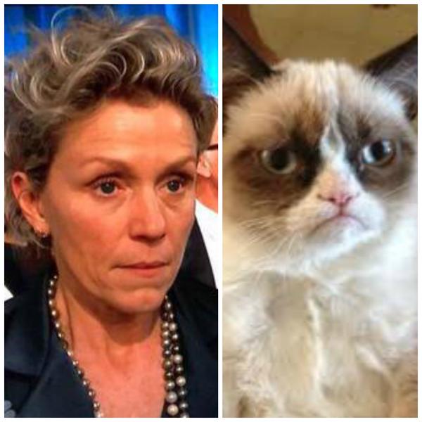 A cara mal humorada da atriz Frances McDormand também se tornou piada entre os espectadores da premiação, que a compararam com o ranzinza gato Grumpy Cat