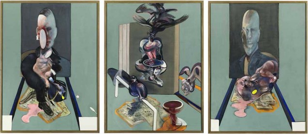 Francis Bacon – <em>Tryptich 1976</em> - 1976 - 146,4 milhões de reais - Comprador desconhecido. Um tríptico é uma pintura feita por três painéis sendo que um fixo e outros dois móveis. Este tríptico do pintor irlandês Francis Bacon (1909 - 1992) foi leiloado pela Sothebys, de Nova York por 146,4 milhões de reais em 15 de maio de 2008. Na lista dos dez mais caros, esta obra é a mais recente, produzida em 1976. O preço é bastante incomum para trabalhos de arte contemporânea.