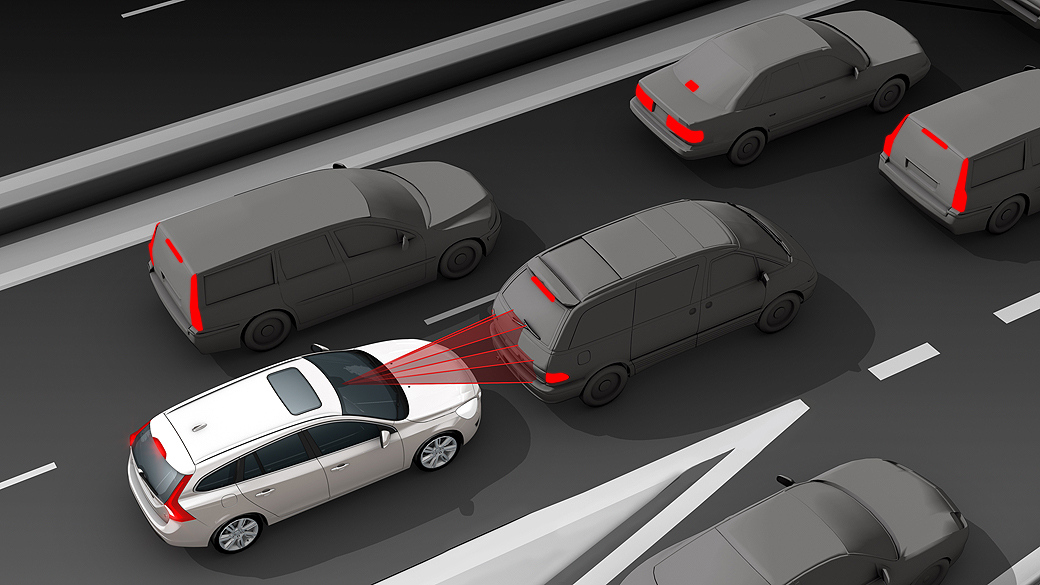 Imagem ilustrativa do sistema City Safety, desenvolvido pela Volvo e que freia automaticamente o carro caso o motorista falhe em reagir a tempo de pisar no freio quando o veículo à frente desacelere repentinamente ou pare totalmente