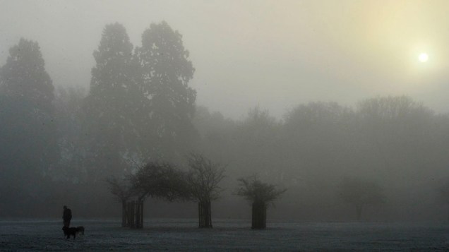 Homem passeia com seu cão através da névoa no Richmond Park, oeste de Londres