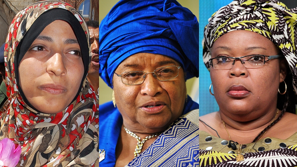 As ganhadoras (a partir da esq.): Tawakkul Karman, Ellen Johnson Sirleaf e Leymah Gbowee