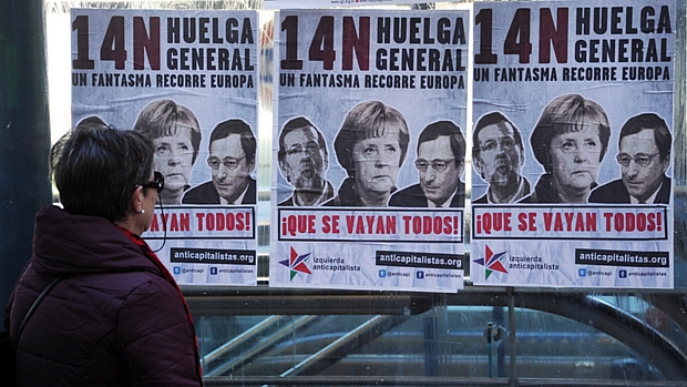 Cartaz convoca à greve geral na Espanha; manifestações devem ocorrer em outros países europeus