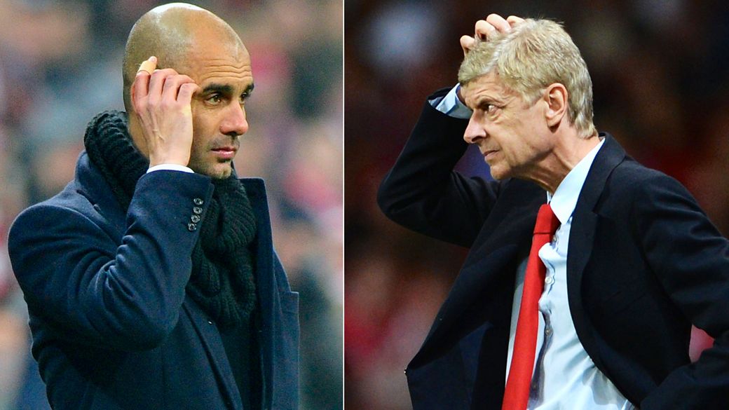 Os técnicos Guardiola, do Bayern, e Wenger, do Arsenal: duelo eliminatório