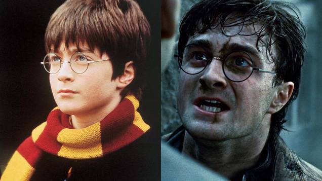 Daniel Radcliffe como Harry Potter em <em>Harry Potter e a Pedra Filosofal</em>, de 2001, e em <em>Harry Potter e as Relíquias da Morte: Parte 2</em>, de 2011