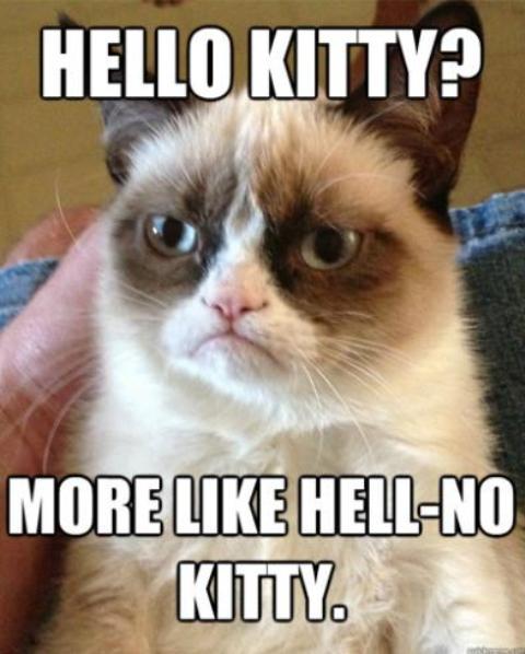 Grumpy Cat também dá sua colaboração, com um trocadilho: Hello Kitty? Está mais para Não é um gato nem no inferno