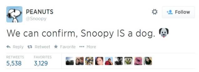 Perfil oficial do Snoopy no Twitter acalma fãs: Podemos confirmar, Snoopy é um cão