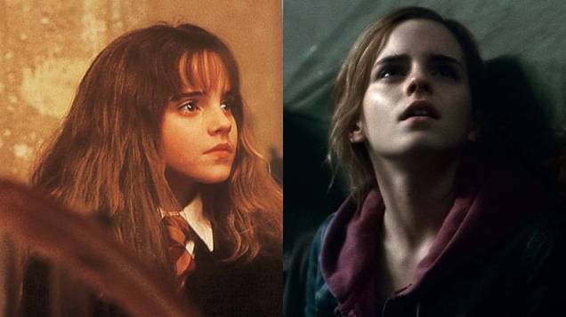 Emma Watson como Hermione em <em>Harry Potter e a Pedra Filosofal</em>, de 2001, e em <em>Harry Potter e as Relíquias da Morte: Parte 2</em>, de 2011