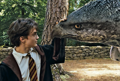 Harry Potter (Daniel Radcliffe) cumprimenta o hipogrifo Bicuço em cenas de HarryPotter e o Prisioneiro de Azkaban (2004)