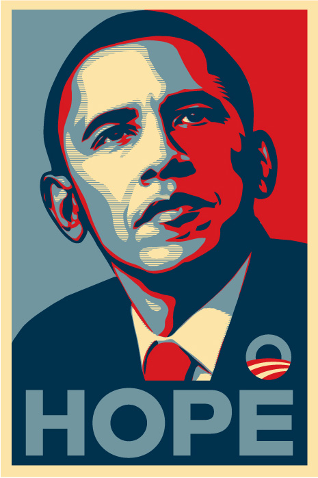 O famoso pôster <em>Hope</em> criado por Shepard Fairey para a campanha presidencial de Obama em 2008