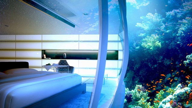 A parte submersa ficará a 10 metros de profundidade e terá 21 quartos de hotel, um centro de mergulho e um bar