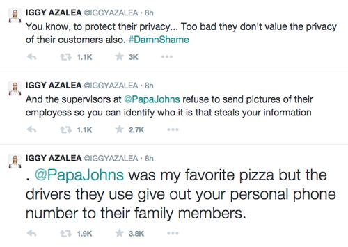 Iggy Azalea tem noite difícil ao ter seu número de telefone divulgado por funcionários de uma pizzaria