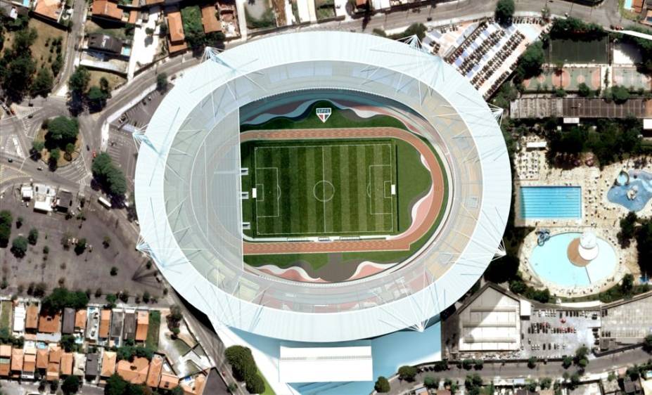 Ilustração de vista aérea do projeto de cobertura do estádio do Morumbi