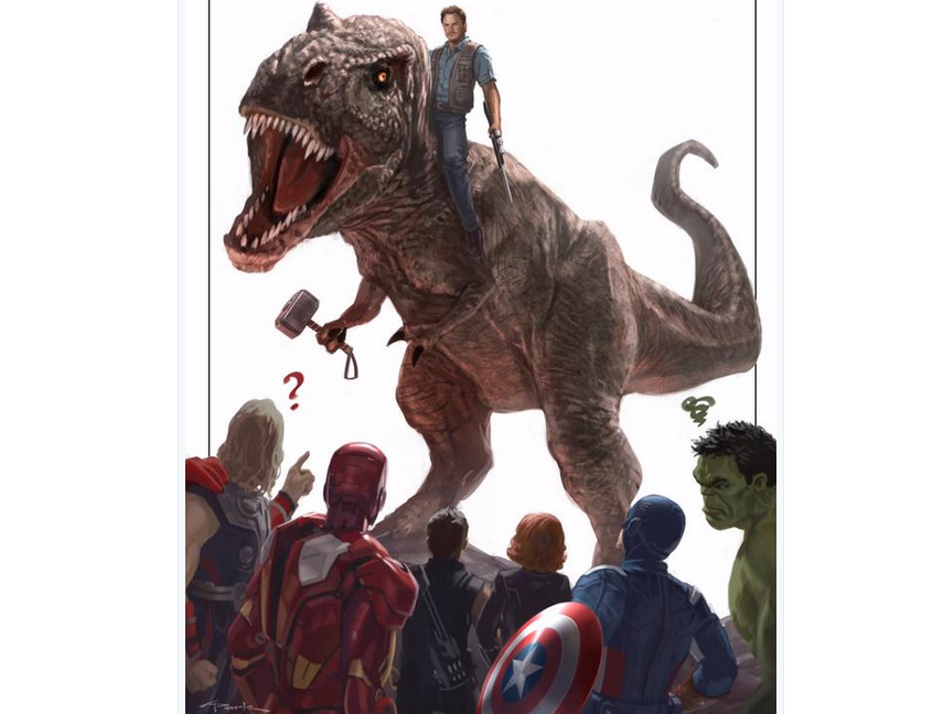 Ilustração publicada por Kevin Feige, da Marvel, parabenizando 'Jurassic World'