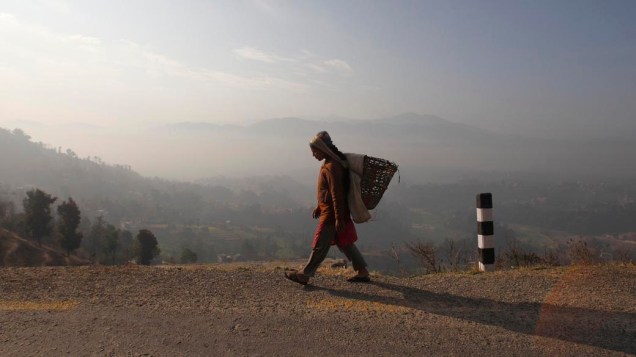 No Nepal, mulher carrega cesta enquanto caminha para plantação de vegetais em Changunarayan
