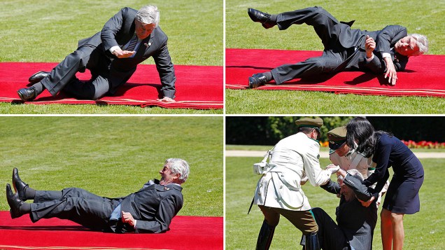O ex-premiê da Holanda Ruud Lubbers caiu nesta terça-feira (11) ao chegar ao palácio presidencial do Chile para um almoço após a posse da presidente chilena, Michelle Bachelet