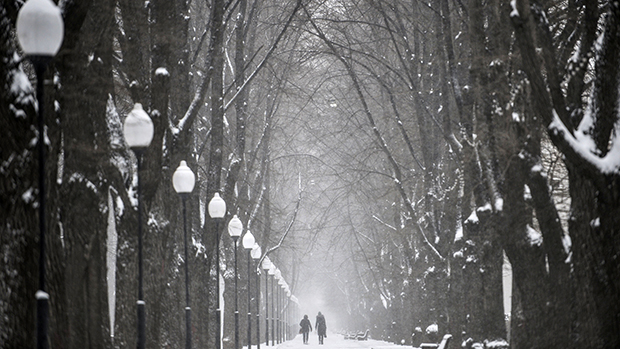Casal caminhou em parque coberto de neve em Moscou, na Rússia. Após uma semana de tempo quente as temperaturas caíram para -1 °C Casal caminhou em parque coberto de neve em Moscou, na Rússia. Após uma semana de tempo quente as temperaturas caíram para -1 °C