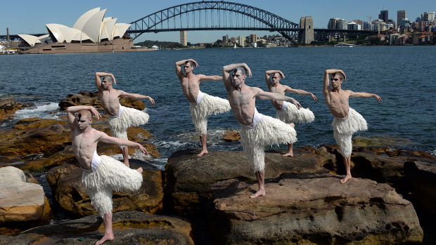Dançarinos fazem uma "Pintura de Cisne", em homenagem ao trabalho de Mathew Bourne, O Lago dos Cisnes, em frente ao Opera House, na Austrália