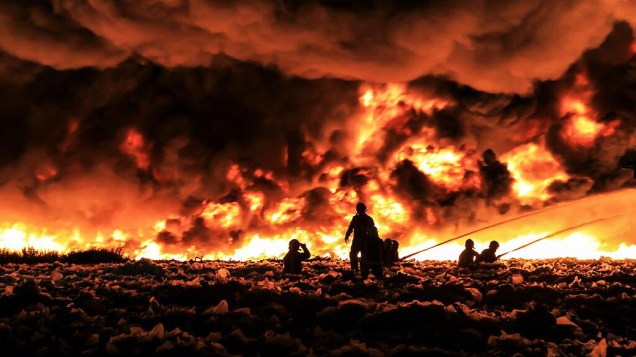 Bombeiros tentam conter um incêndio em uma usina de reciclagem, nesta segunda-feira (01), em Smethwick. Mais de 200 bombeiros estavam combatendo um grande incêndio depois que uma lanterna chinesa caiu queimando 100.000 toneladas de papel e plástico, na Inglaterra