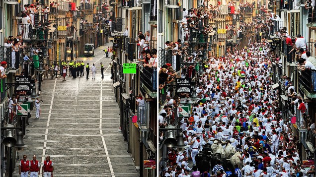 Combinação de fotos mostra movimentação de foliões durante festival São Firmino em Pamplona, Espanha