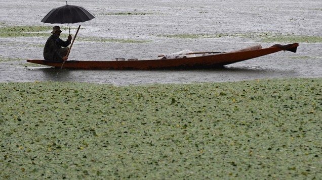 Um pescador é fotografado em seu barco enquanto a chuva cai no lago Dal, em Srinagar ( Índia)