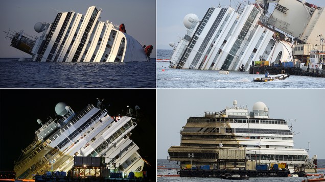 Sequência mostra navio Costa Concordia que naufragou em janeiro de 2012 sendo "endireitado" no porto de Giglio na Itália durante uma operação chamada "parbuckling" 