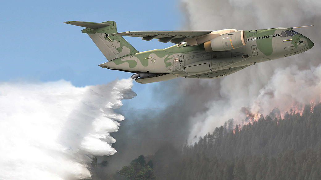 O avião de carga militar KC-390 em imagem de computador divulgada pela Embraer nesta quinta-feira (19)