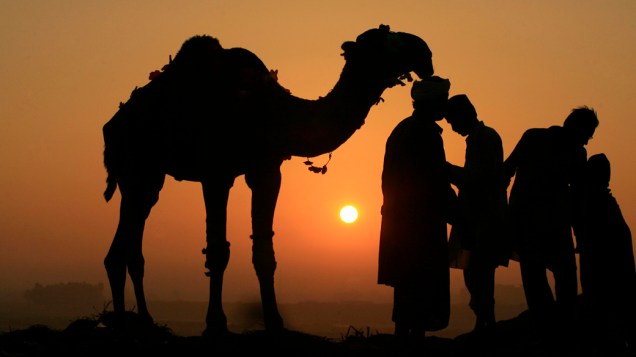 Mercadores de camelos esperam por clientes durante a celebração do Eid-al-Adha, enquanto o o sol se põe em Lahore, no Paquistão