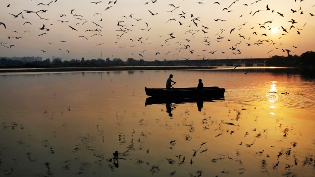 Homens cruzam o rio Yamuna sob uma revoada de pássaros durante o amanhecer em Nova Délhi, na Índia