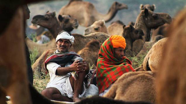 Pastores descansam durante feira anual de bovinos e camelos em Pushkar, no estado de Rajasthan, na Índia