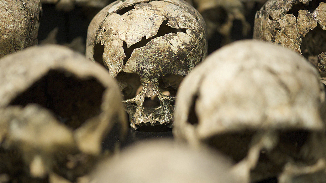 Crânios na exposição '3 .300 A.C. Mistério sobre a morte na Idade da Pedra ", no Museu de Pré-História em Halle, na Alemanha