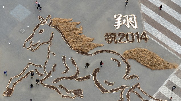 Imagem aérea mostra um cavalo gigante feito de pinhas, para celebrar o Ano do cavalo no parque Hitachi Beach na cidade de Hitachinaka, no Japão