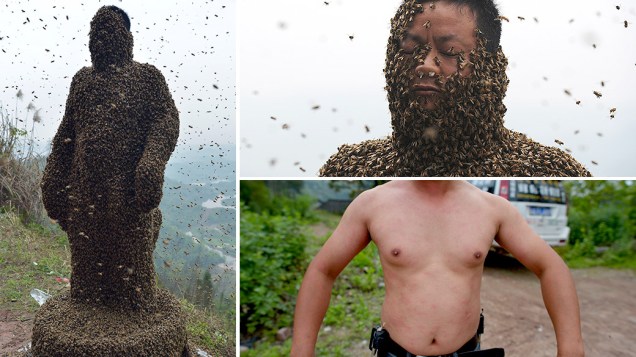 O chinês She Ping, de 34 anos, se submete a um desafio e cobre-se com um enxame de abelhas em Chongqing, na China. Mais de 460 mil abehas foram usadas. Ao final, ele mostrou seu corpo com algumas picadas