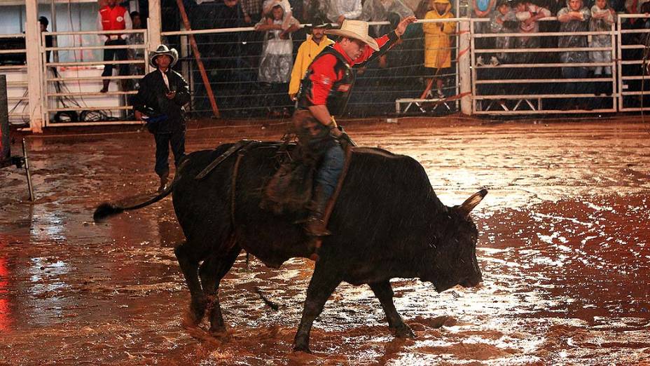 Peão durante rodeio, em Londrina