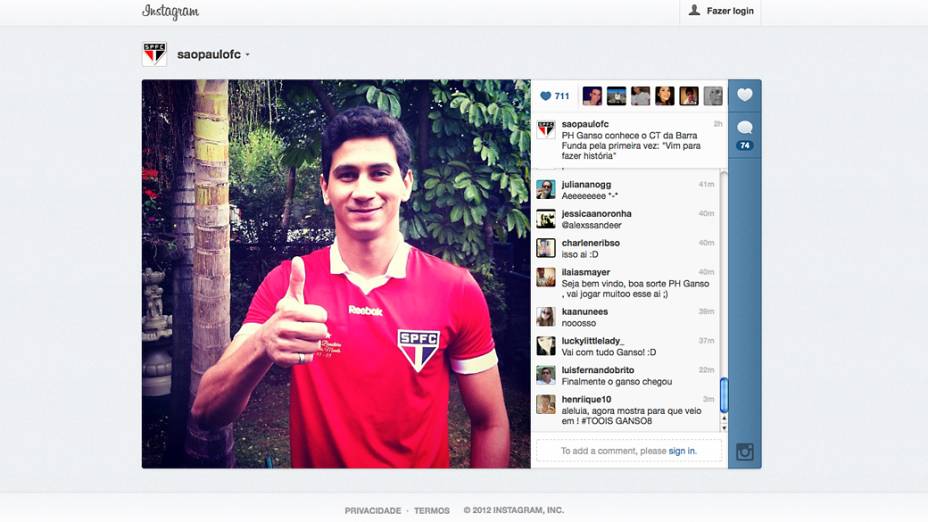Página do Instagram do São Paulo publica foto de Paulo Henrique Ganso no CT