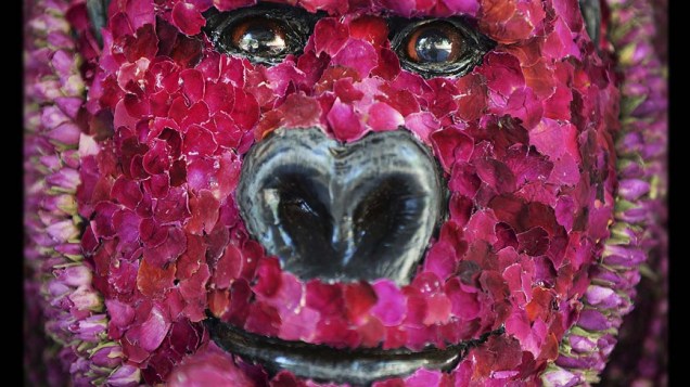 Escultura feita de pétalas de flores secas denominada Flora, o Gorila é mostrada durante a Exposição de Flores de Chelsea, em Londres