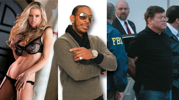 A ex-playmate Jami Ferrell, à esquerda, e o rapper Ludacris, ao centro, receberam dinheiro da pirâmide financeira de Durham (à direita, sendo preso pelo FBI em 2011)