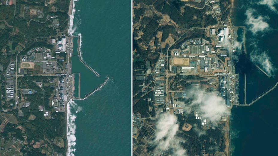 Imagens doe satélite GeoEye-1 mostram a região da usina nuclear de Fukushima antes e depois do terremoto