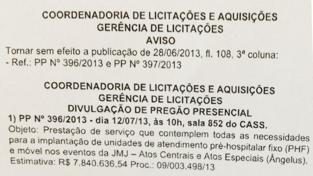 O Diário Oficial do município do Rio publicou, no dia 1º de julho, um chamado para um pregão que deve contratar empresas para atendimento de saúde durante a JMJ