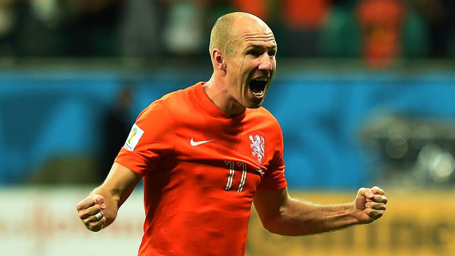 O jogador da Holanda, Arien Robben comemora a vitória sobre a Costa Rica, em Salvador