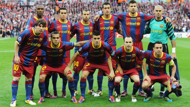 Time do Barcelona antes do início da final da UEFA Champions League, em Londres