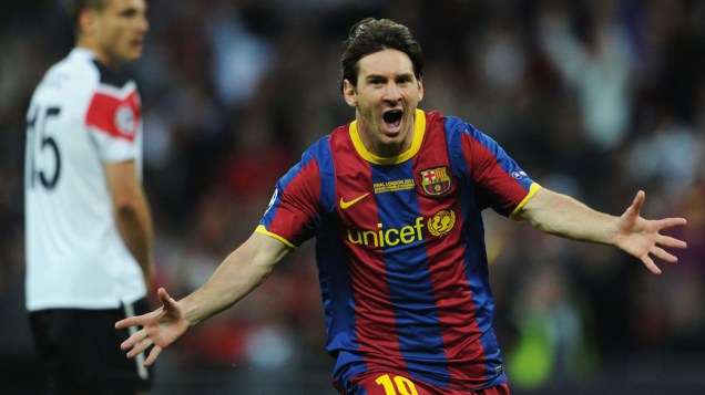 Lionel Messi comemora o segundo gol do Barcelona na final da UEFA Champions League contra o Manchester United, em Londres