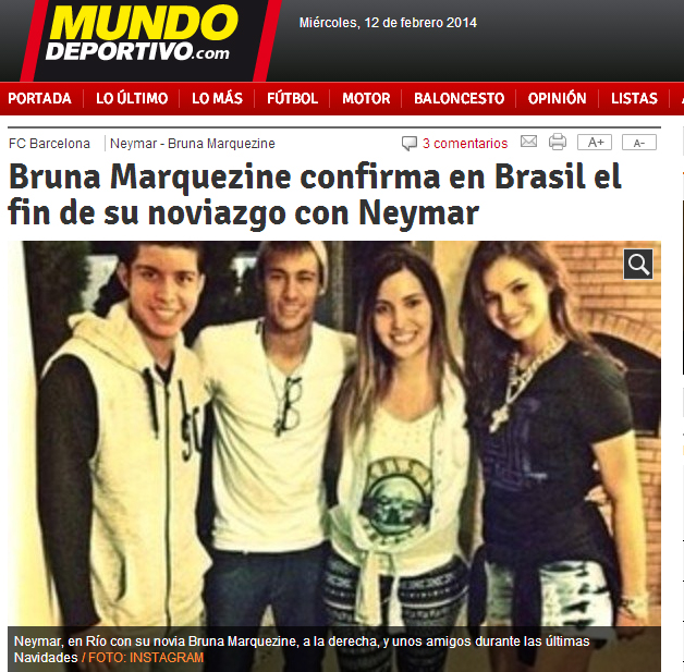 Jornal espanhol 'Mundo Deportivo' noticia o fim do namoro de Neymar e Bruna