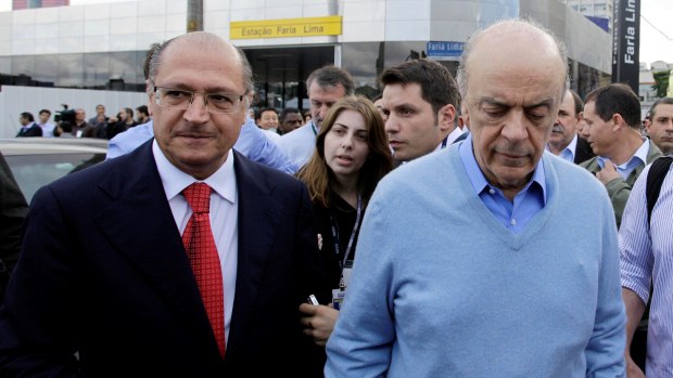 O governador Geraldo Alckmin e o ex-governador José Serra durante inauguração do Metrô de Pinheiros