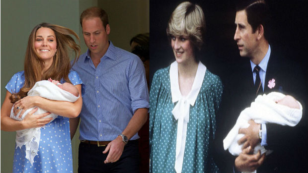 Kate Middleton e o príncipe William deixam o hospital com o filho; ao lado, a princesa Diana e o príncipe Charles saem do mesmo hospital com William bebê