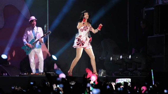 Katy Perry durante o show da turnê mundial <em>The California Dreams Tour</em> na Chácara do Jockey, em 25/09/2011
